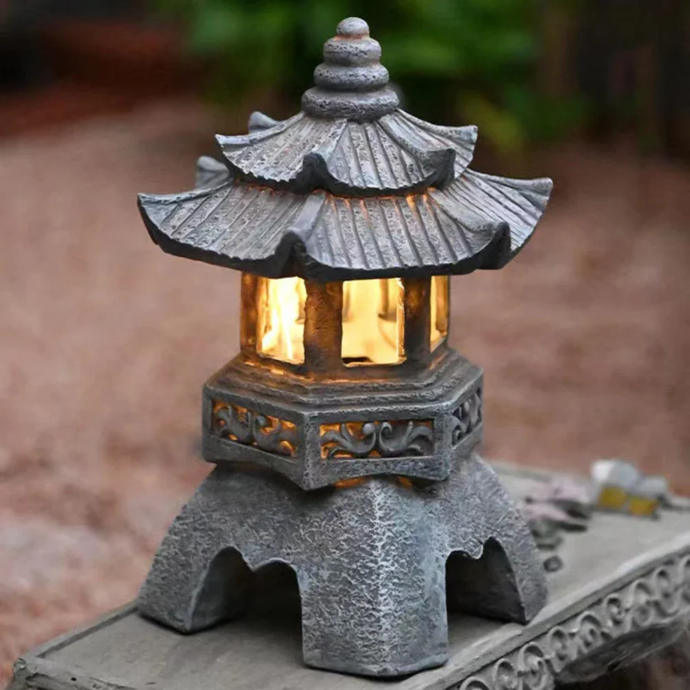 Adornos Zen de decoración de jardín, Torre alimentada por energía Solar, estatua china, linternas de Palacio, lámpara Solar de piedra, patio, linterna de Pagoda