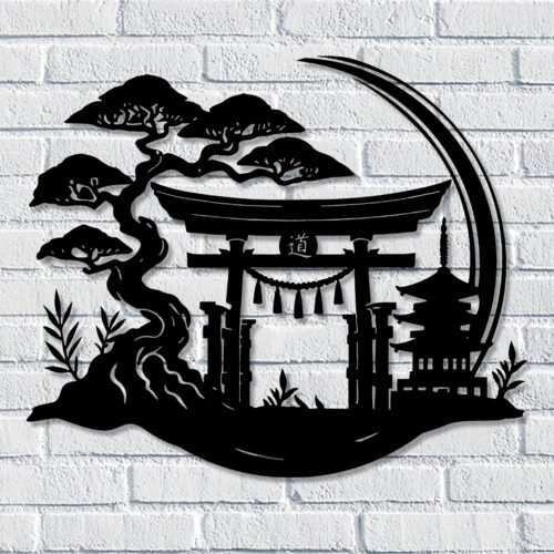 Mural de pared en metal, paisaje Tori y Bonsai