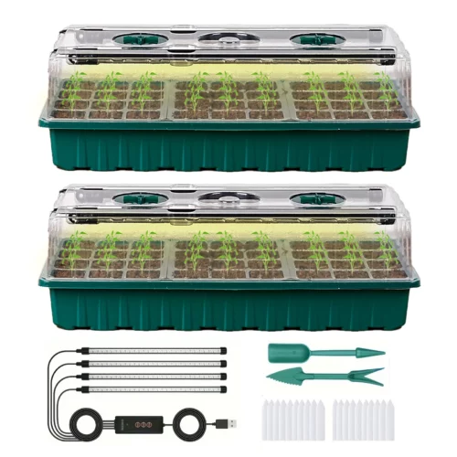 Bandeja de inicio de semillas con luz de cultivo – set 2 unidades, 72 compartimentos, brillo ajustable