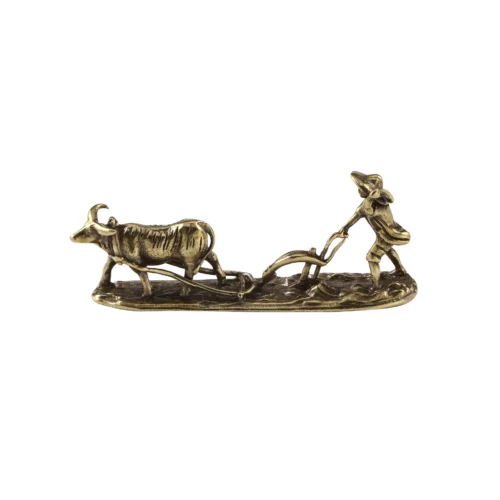 Figura Tenpai de granjero y vaca – artesanía en bronce para bonsai y colección