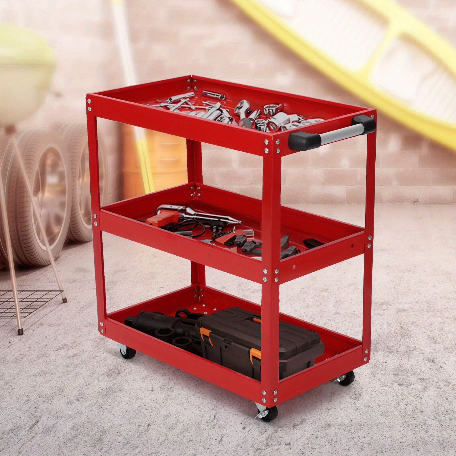 Carro de herramientas rojo de 3 niveles – almacenamiento robusto para taller, garaje o espacio de trabajo - Imagen 5