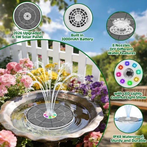 Fuente de Agua Solar de 6.5W con Luces LED de Colores y Batería de 3000mAh,