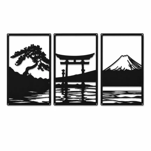 Decoración de Pared Japonesa en Metal - Bonsái, Torii y Monte Fuji | Set 3 Piezas