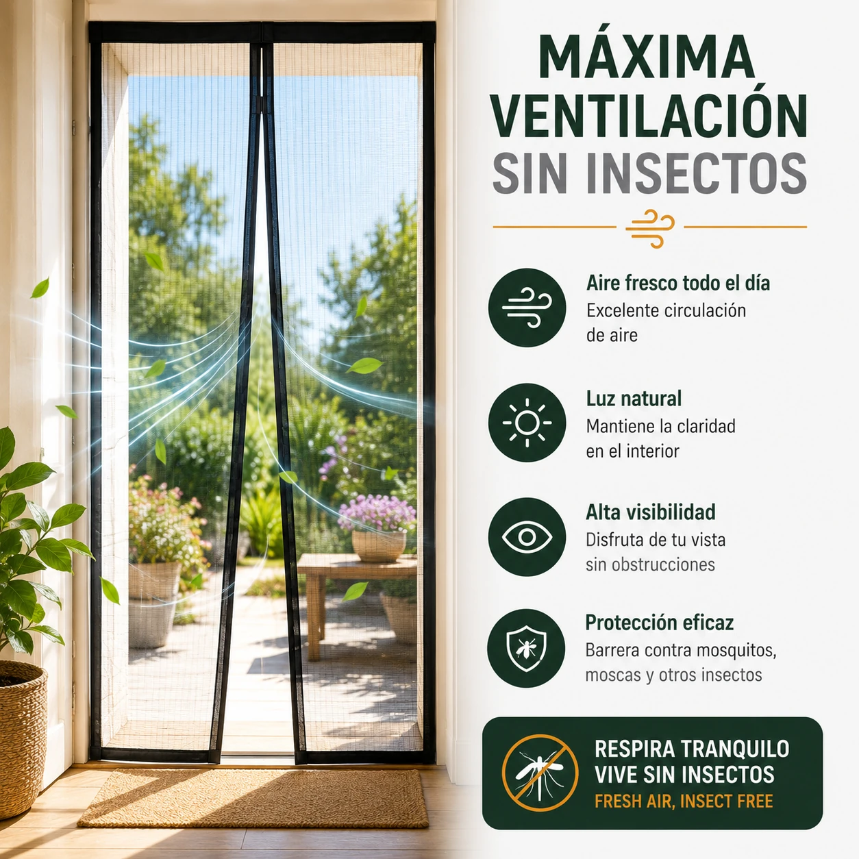 Mosquitera magnética para puertas a medida con cierre automático y malla de alta densidad - Imagen 3