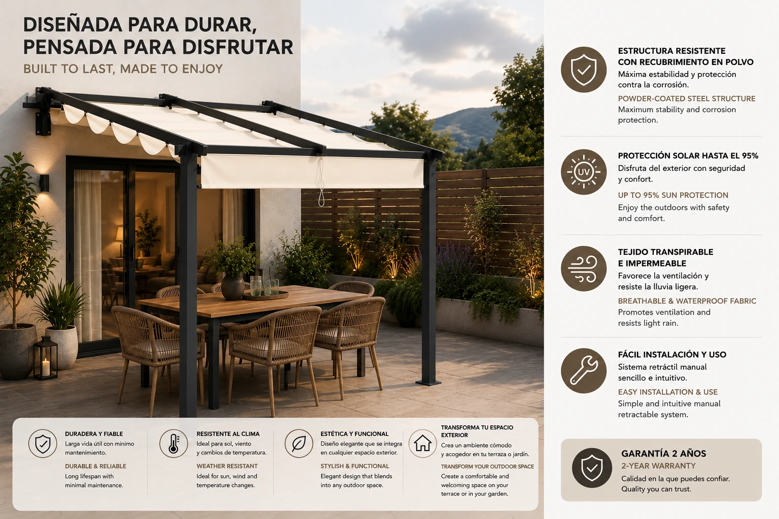 Pérgola Retráctil 3x3 m con Techo Deslizante Ajustable para Jardín, Terraza y Patio - Acero Verde - Imagen 4