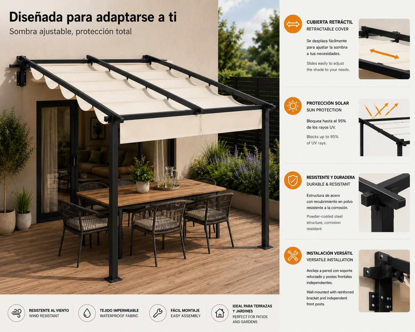 Pérgola Retráctil 3x3 m con Techo Deslizante Ajustable para Jardín, Terraza y Patio - Acero Verde - Imagen 2