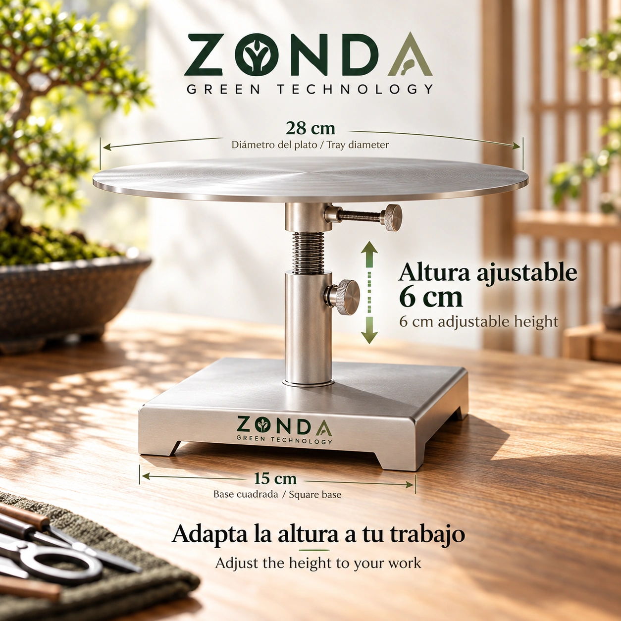 Plato Giratorio Zonda INOXPRO para Bonsái 28 cm Ajustable en Altura - Acero Inoxidable - Imagen 7
