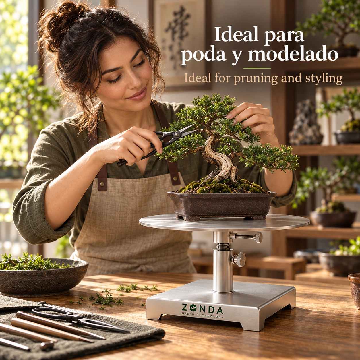 Plato Giratorio Zonda INOXPRO para Bonsái 28 cm Ajustable en Altura - Acero Inoxidable - Imagen 5