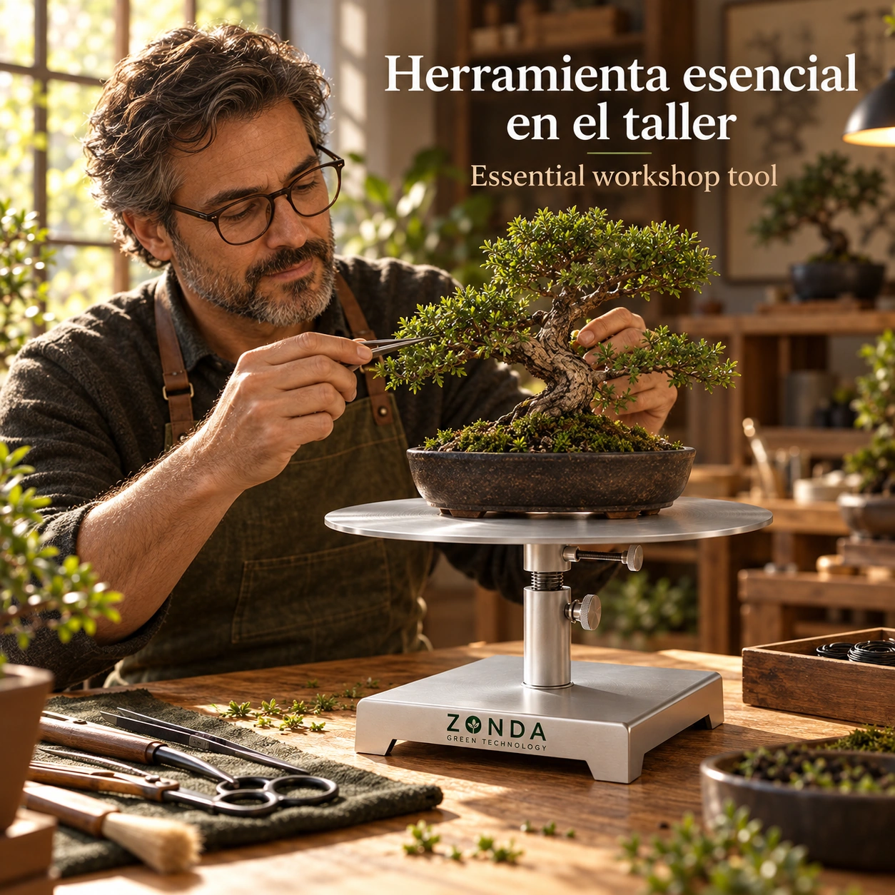 Plato Giratorio Zonda INOXPRO para Bonsái 28 cm Ajustable en Altura - Acero Inoxidable - Imagen 4