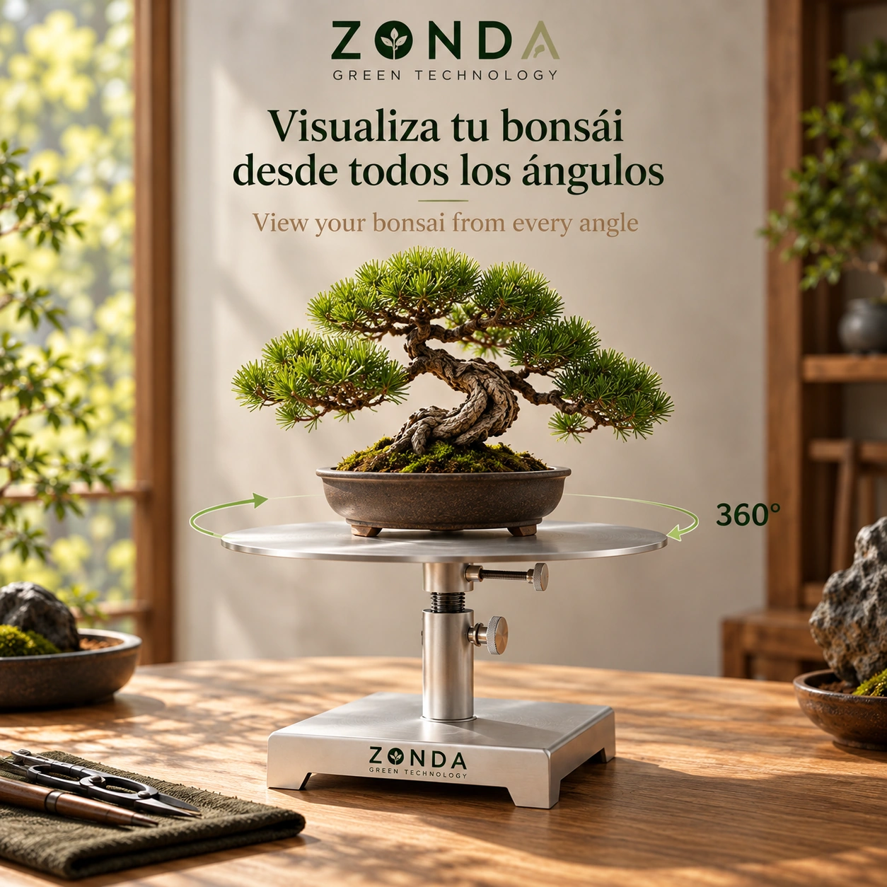 Plato Giratorio Zonda INOXPRO para Bonsái 28 cm Ajustable en Altura - Acero Inoxidable - Imagen 3
